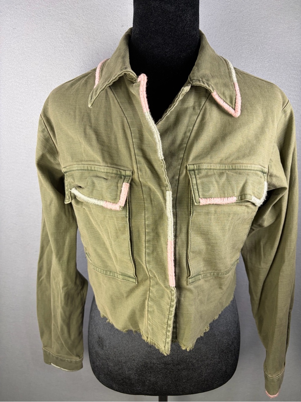 Anthropologie Pilcro Olive Green Crop Utility Jacket with Pink Trim xxs